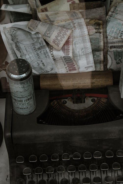 Close-up of an Antique Typewriter and Turkish Money 