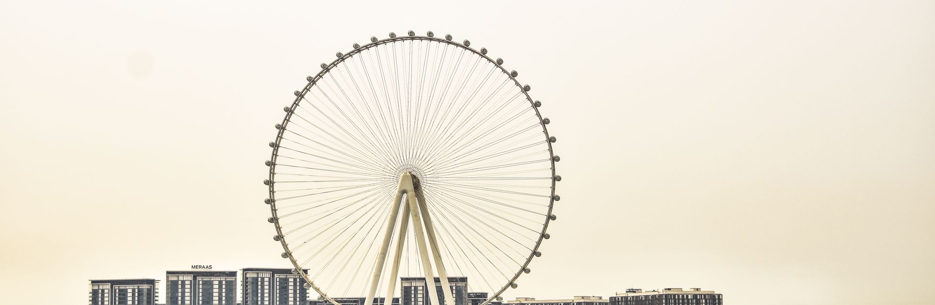 Ferris wheel by waterfront with cityscape backdrop, capturing leisure and urban vibes.