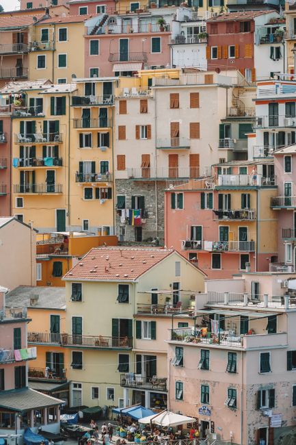 Vibrant buildings in Riomaggiore, Liguria showcasing Italian coastal architecture.