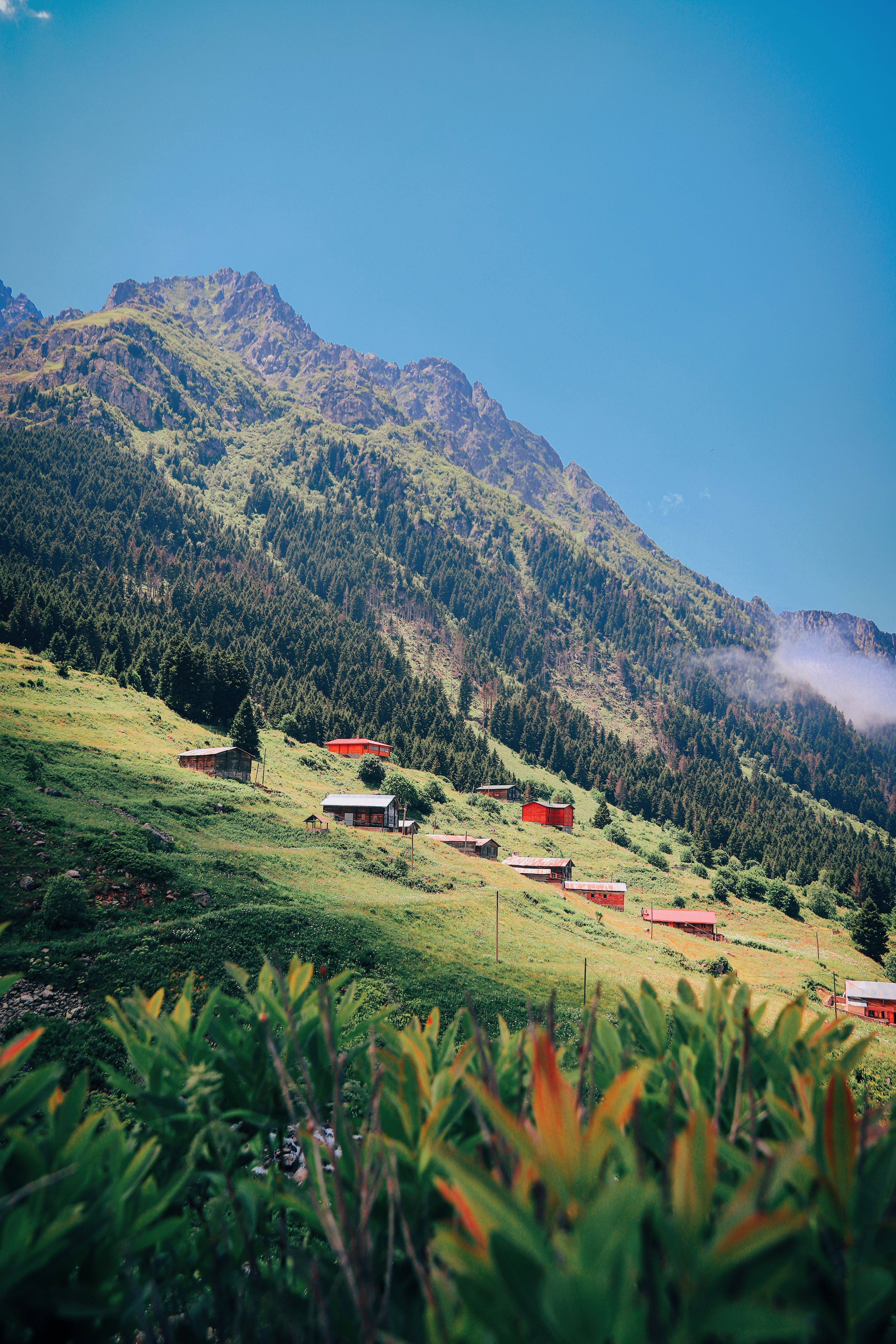 Low-Angle Shot of Houses under the Mountain · Free Stock Photo