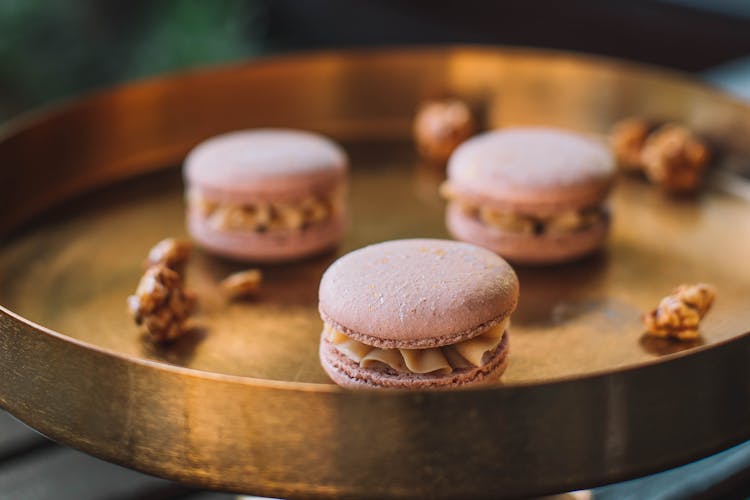 Macaroons On Golden Plate