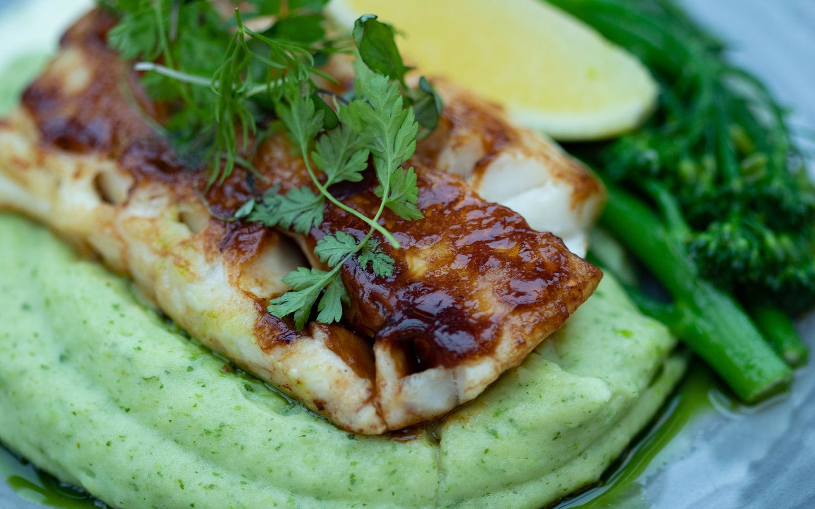 Foto de Peixe grelhado com purê de batata-doce e brócolis