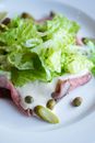 Meat served with sauce and lettuce