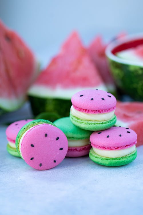 Pile of fresh watermelon macaroons