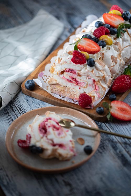 Free From above of tasty dessert with red strawberry placed on gray wooden table Stock Photo