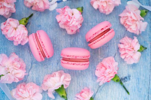 From above of tasty sweet macaroons and fresh carnations placed on blue table in daylight