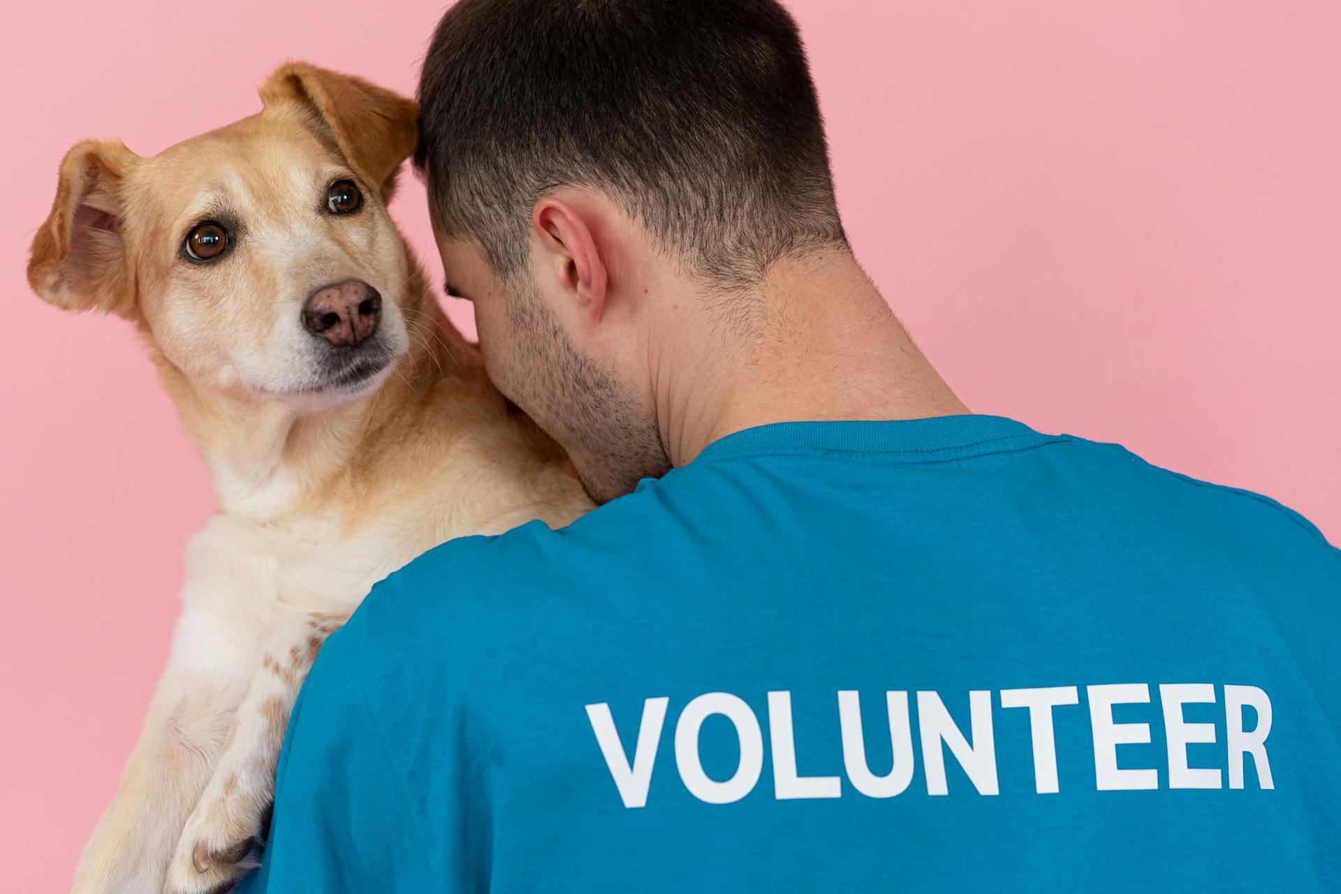 Un homme tient un chien brun