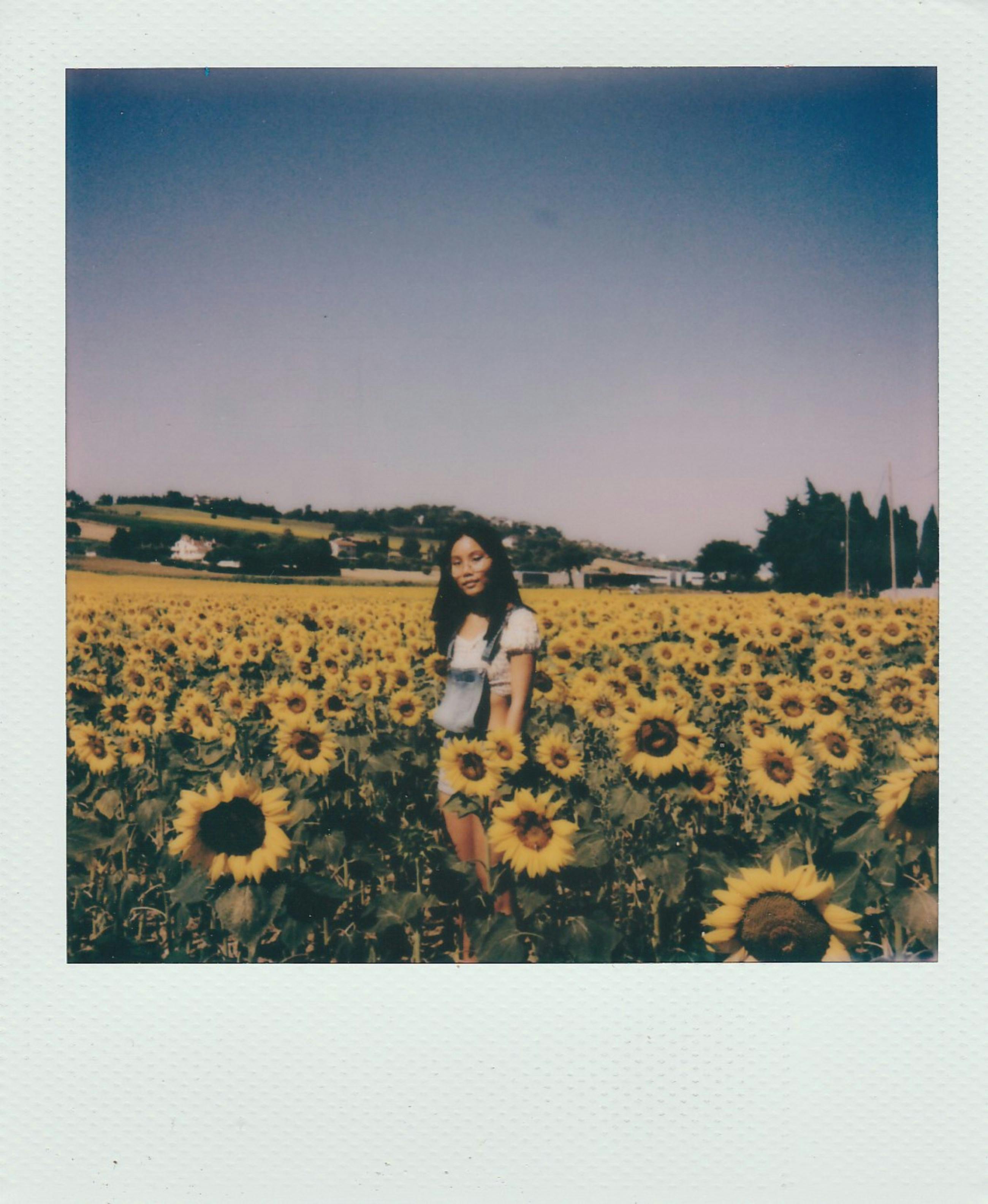 A woman stands in a vibrant sunflower field in Italy, captured in Polaroid style.