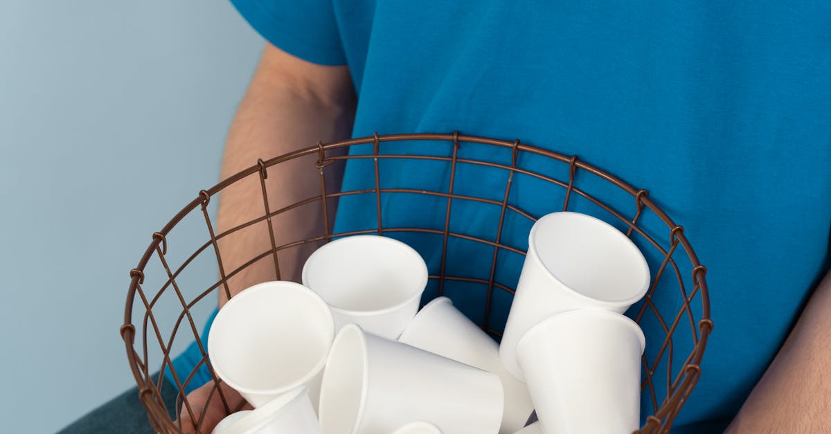 A volunteer in a blue shirt holds paper cups in a wire basket, promoting recycling.