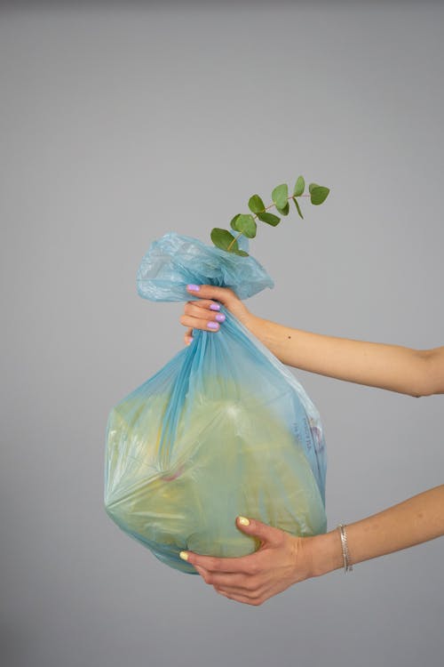 Hands Holding a Blue Plastic Bag with Stem of Green Leaves