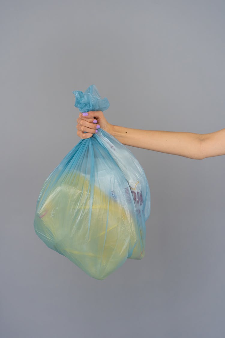 Person Holding Blue Plastic Bag