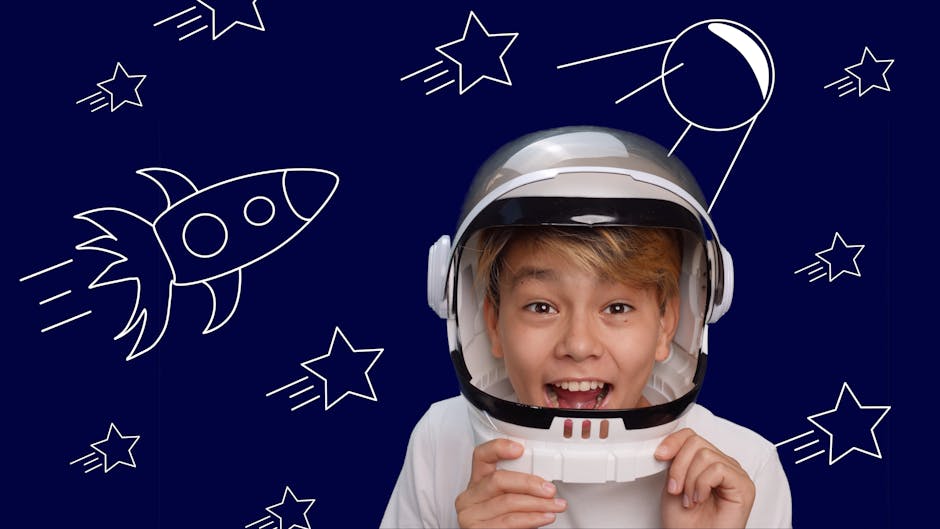 Smiling child in an astronaut helmet with a space-themed background.