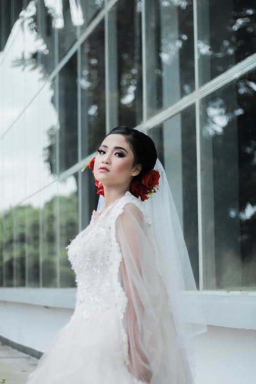 Woman in White Floral Wedding Dress