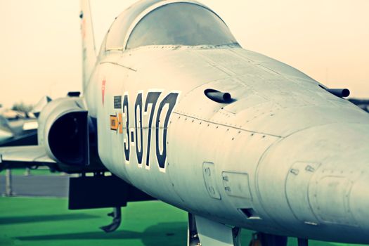 Detailed view of a military fighter jet on display in Istanbul, Turkey.