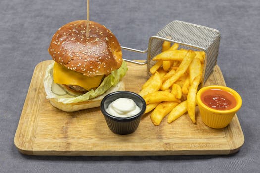 Appetizing cheeseburger with french fries and sauces on a wooden tray.