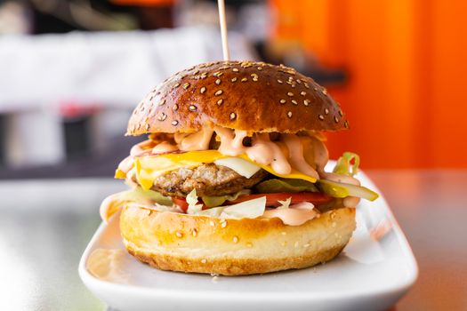 Close-up of a mouthwatering cheeseburger with toppings on a white plate.