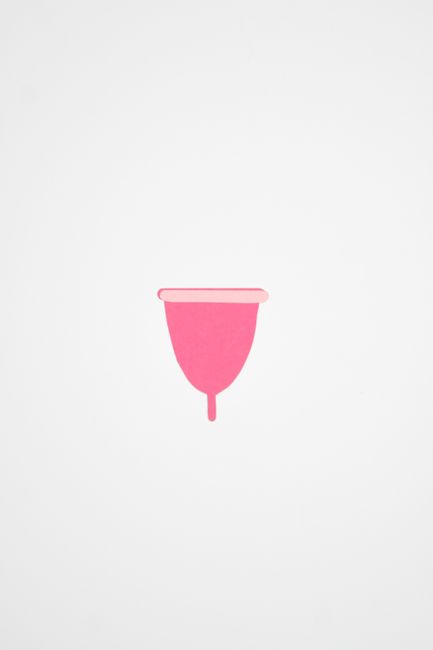 A simple illustration of a pink menstrual cup on a white background, symbolizing feminine hygiene.