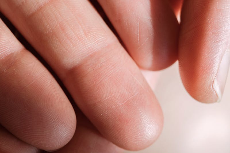 Detailed close-up of human fingers showing skin texture and fingerprints.