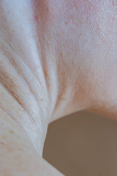 Closeup neck of crop unrecognizable person with skin folds and small brown dark spots standing on beige background in light room