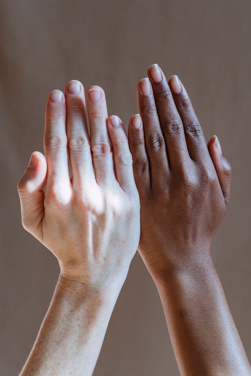 Crop anonymous multiethnic females showing hands together as concept of difference in studio