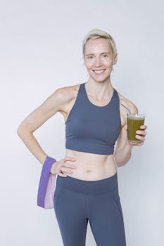 Positive female athlete with short hair standing with hand on waist with resistance band and glass of vegetable smoothie
