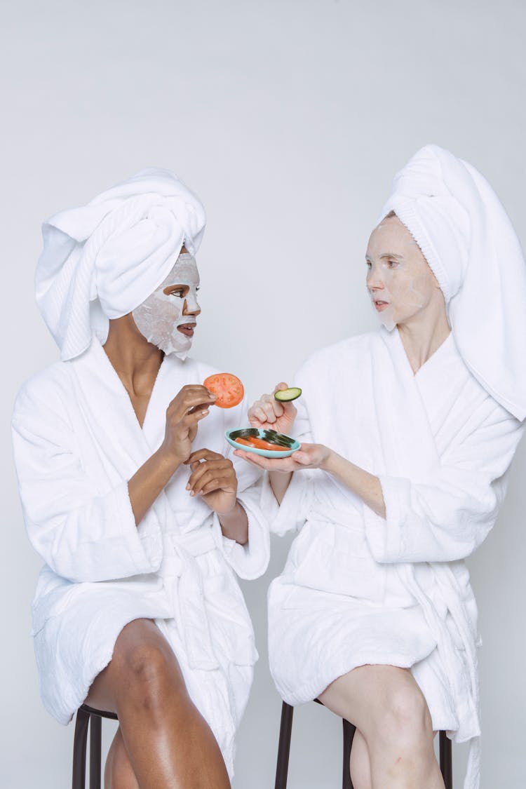 Diverse Women In Sheet Masks Doing Morning Procedure For Skin