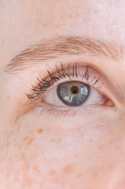 Closeup eye of crop unrecognizable female with long eyelashes and eyebrow and freckles on face in light room at home