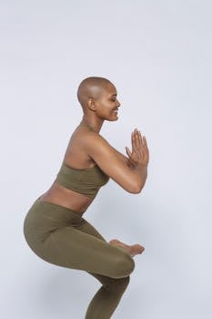 Bald woman in olive activewear posing in a yoga posture, embodying calm and wellness in a studio setting.