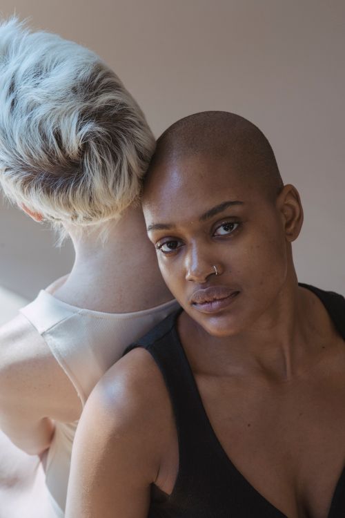 Free From above of black hairless female sitting leaning on back of anonymous blond woman while looking at camera in light studio Stock Photo