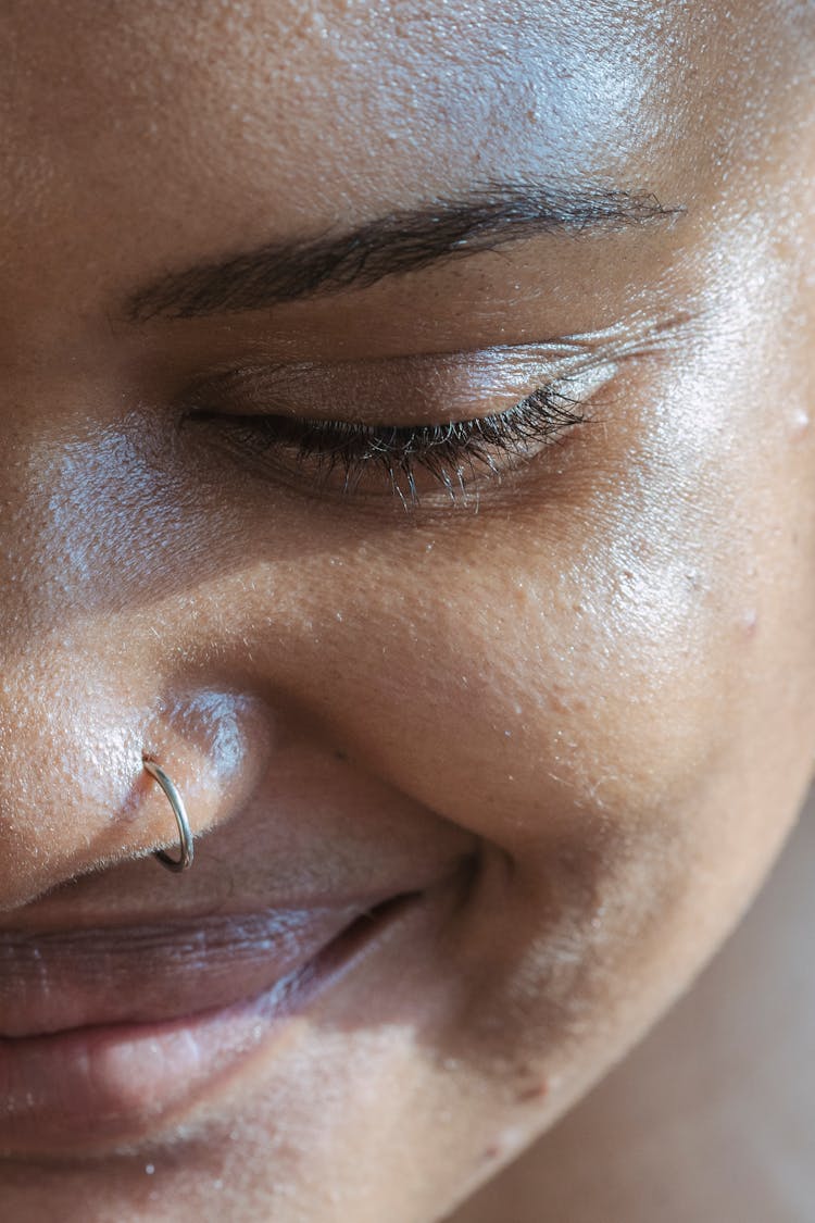 Crop Cheerful Ethnic Lady With Closed Eyes