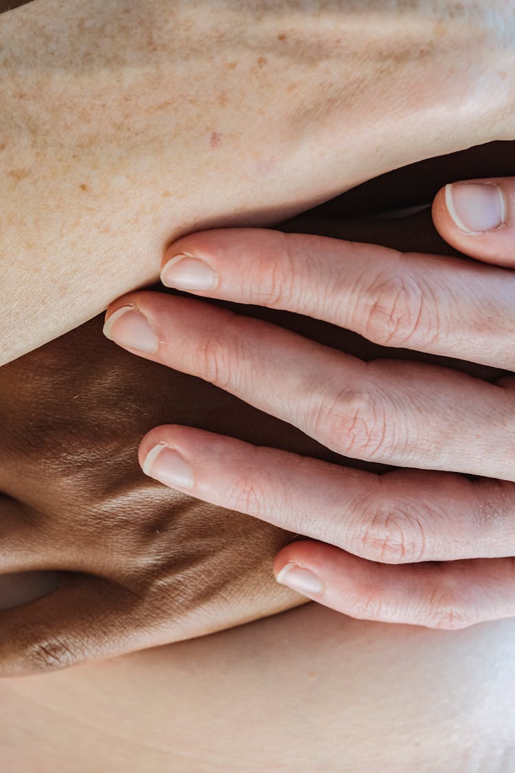 Crop Diverse Multiracial People Touching Hands Gently