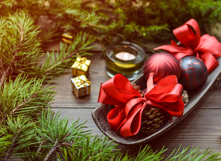 Christmas Baubles On Top Of Tray