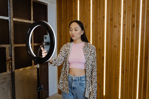 An asian woman influencer filming a vlog with a ring light in a stylish indoor setting.