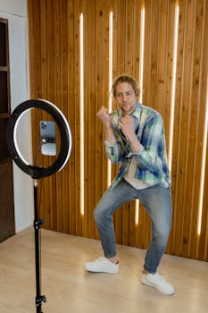 A young man dancing and posing in front of a smartphone and ring light setup in a modern room.