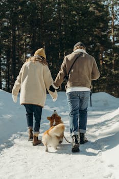 A couple walks their corgi dog on a snowy path, enjoying a winter day together.