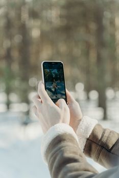 Hands holding a smartphone capturing a winter scene in a forest setting.