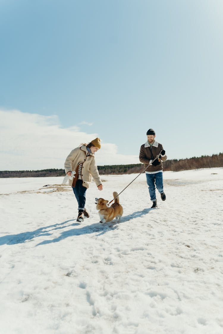 Couple Running With A Dog On Snow Covered Ground