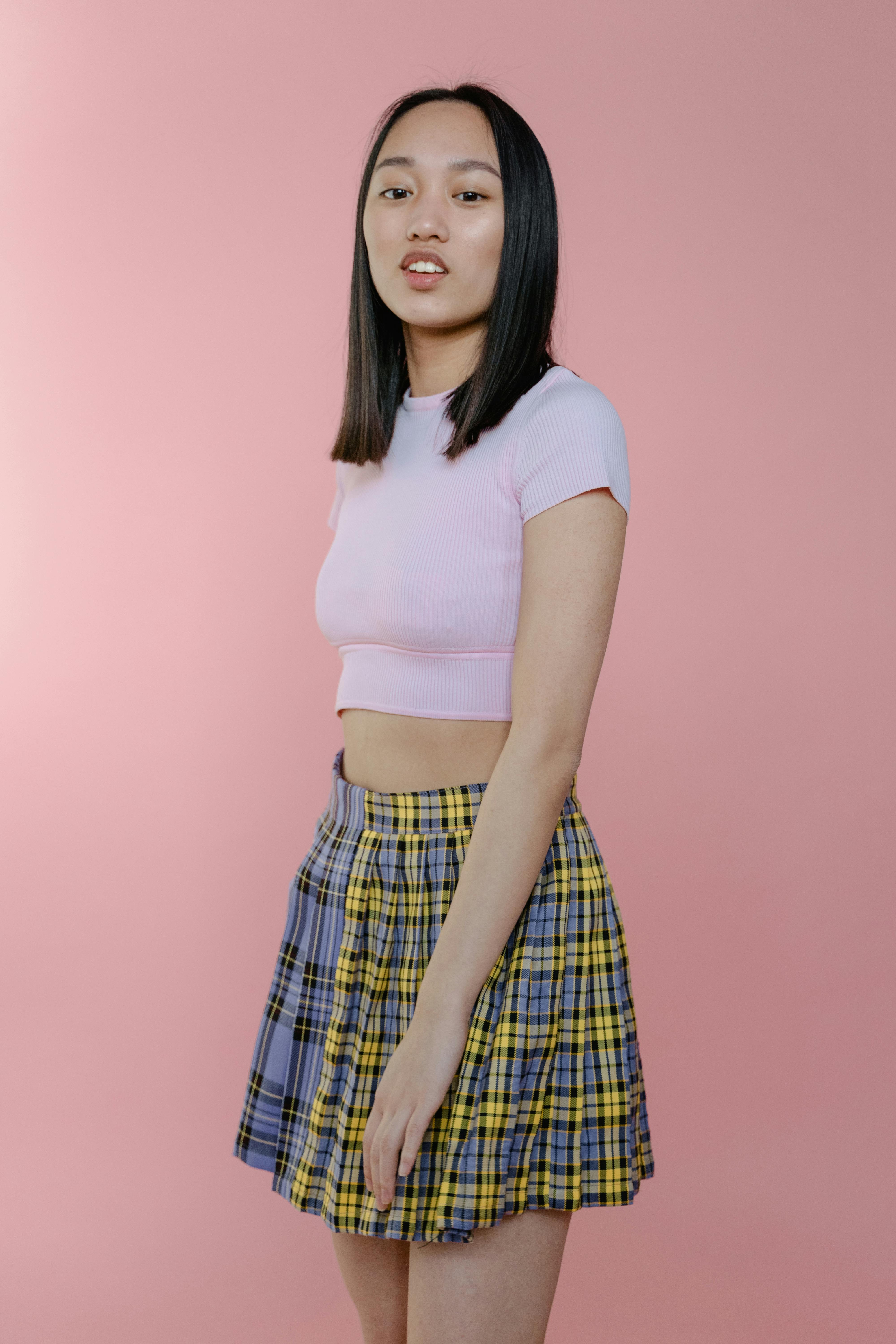 pink plaid skirt outfit