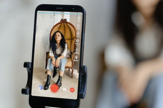 A woman sits in a chair recording a video on her smartphone, showcasing modern vlogging techniques.