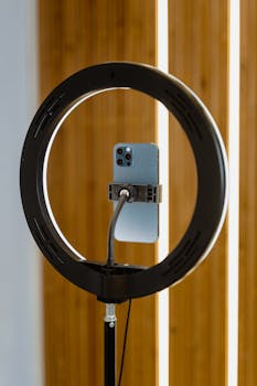 Smartphone mounted on ring light, perfect for content creators using mobile devices.