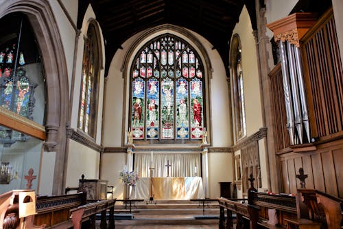 Free Church Interior With Stained Glass Stock Photo
