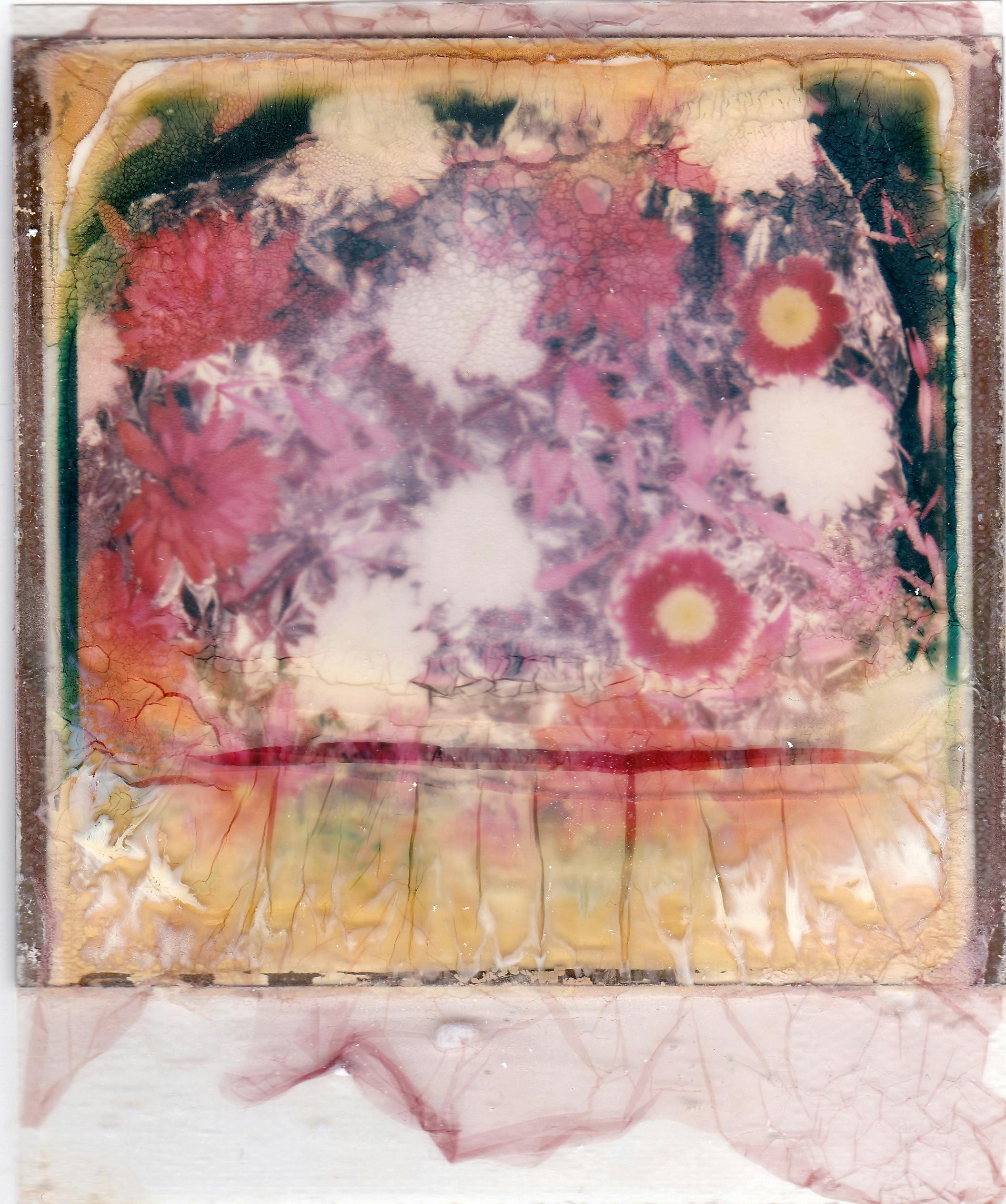 A vibrant abstract watercolor print depicting a variety of blurred floral patterns.