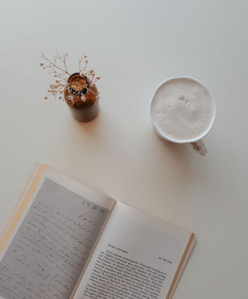 Free Minimalistic flat lay featuring an open book, coffee, and plant for a cozy reading vibe. Stock Photo