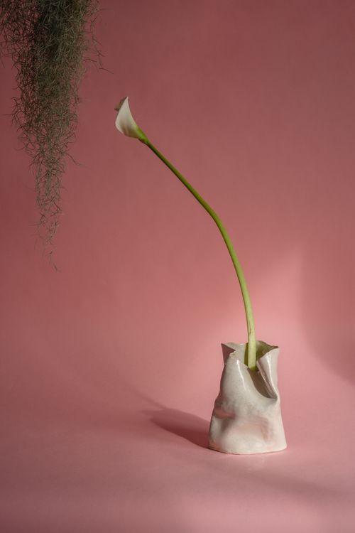 Free A single elegant calla lily displayed in a unique ceramic vase against a soft pink background. Stock Photo