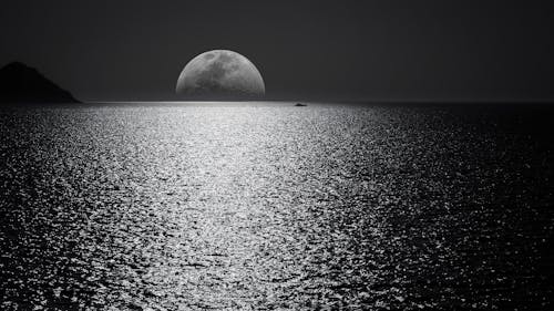 gratis Witte En Zwarte Maan Met Zwarte Luchten En Fotografie Van Waterlichaam Tijdens De Nacht Stockfoto
