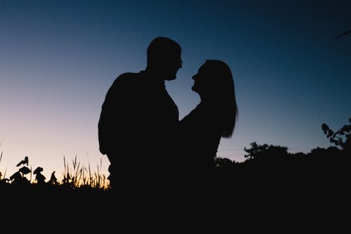 Free Side view silhouette of anonymous couple hugging while standing close to each other against plants in dusk Stock Photo