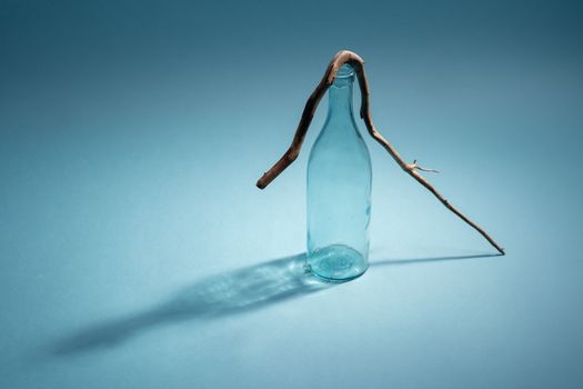 A minimalist composition featuring a glass bottle and a branch on a blue background.