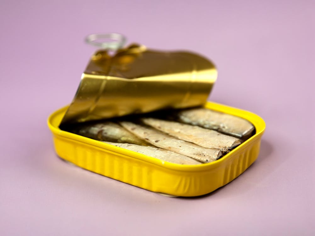 Free Opened delicious canned sardines in yellow container with oil on centre of light purple background Stock Photo