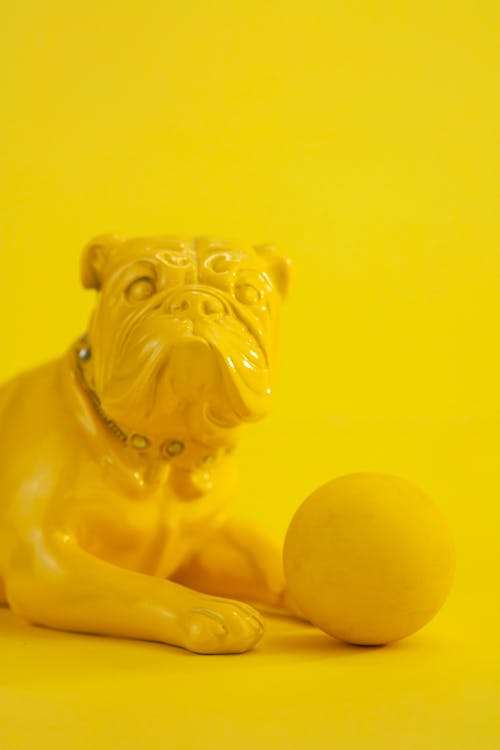 Free From above part of dog sitting with ball in form of souvenir on yellow surface and background Stock Photo