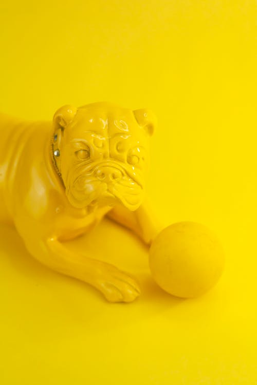 Part of yellow shiny figurine of dog near ball